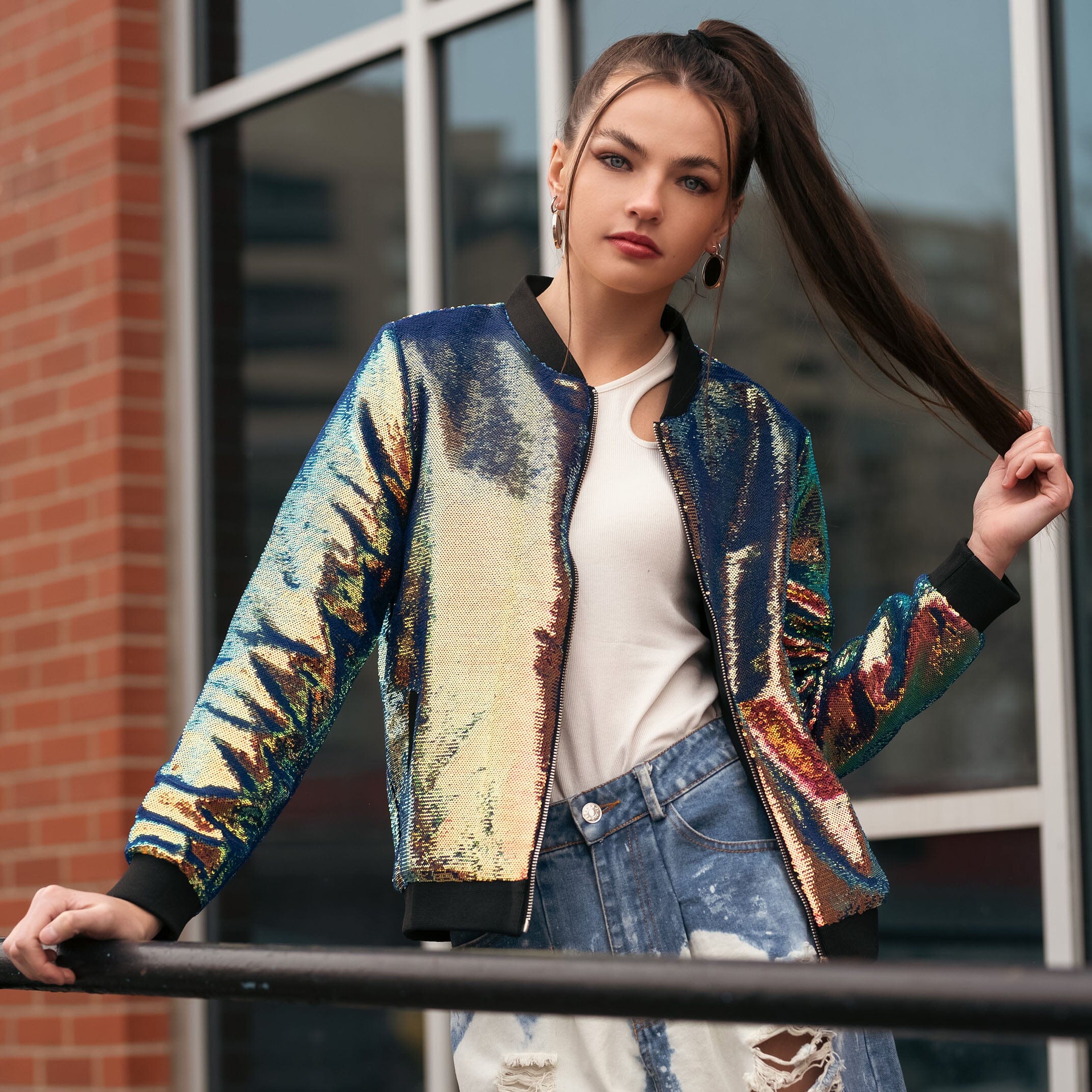 Catch all the attention in the sequin bomber jacket