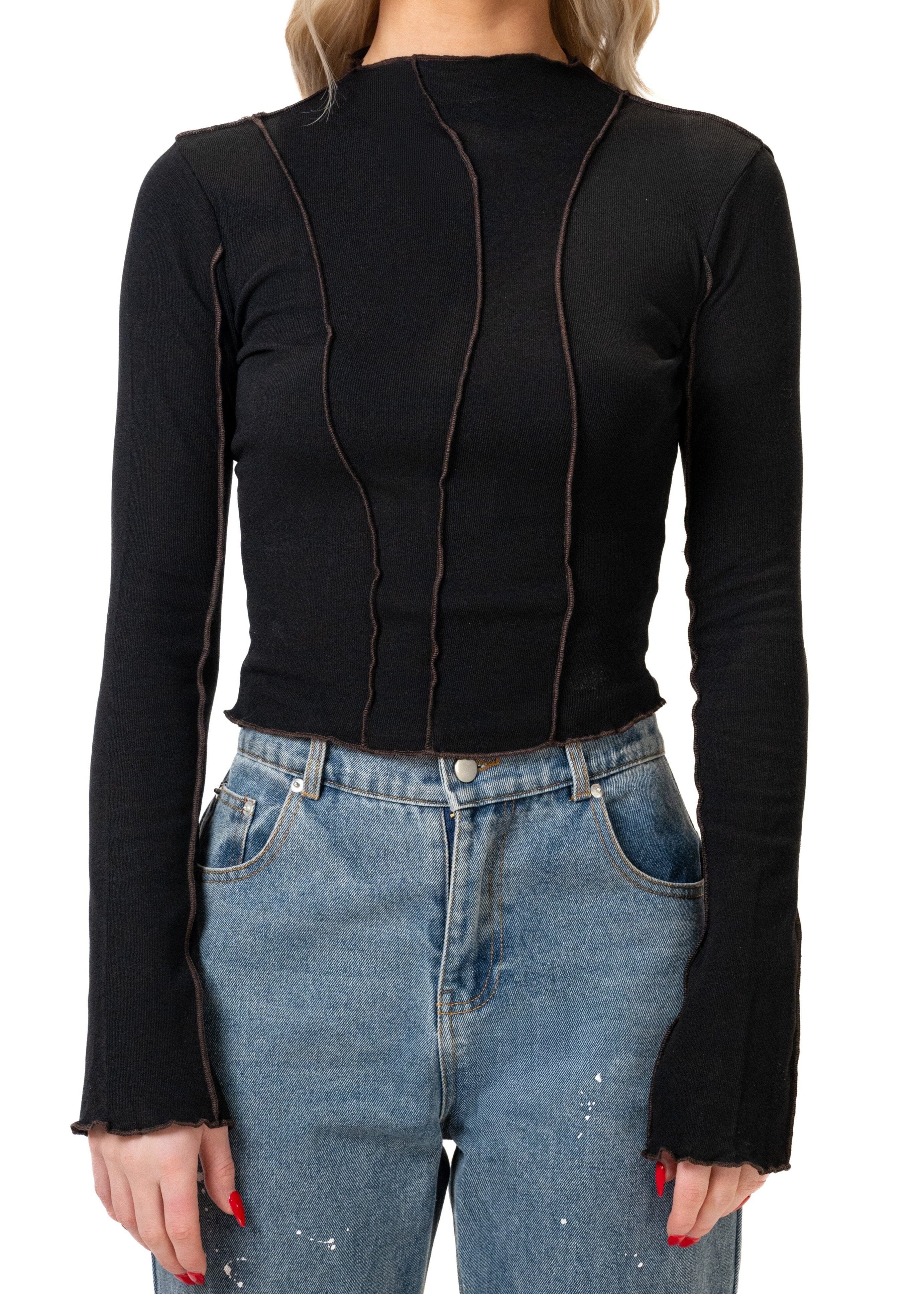 Contrast Stitch Mock Neck Top Long Sleeve Tees Kate Hewko 