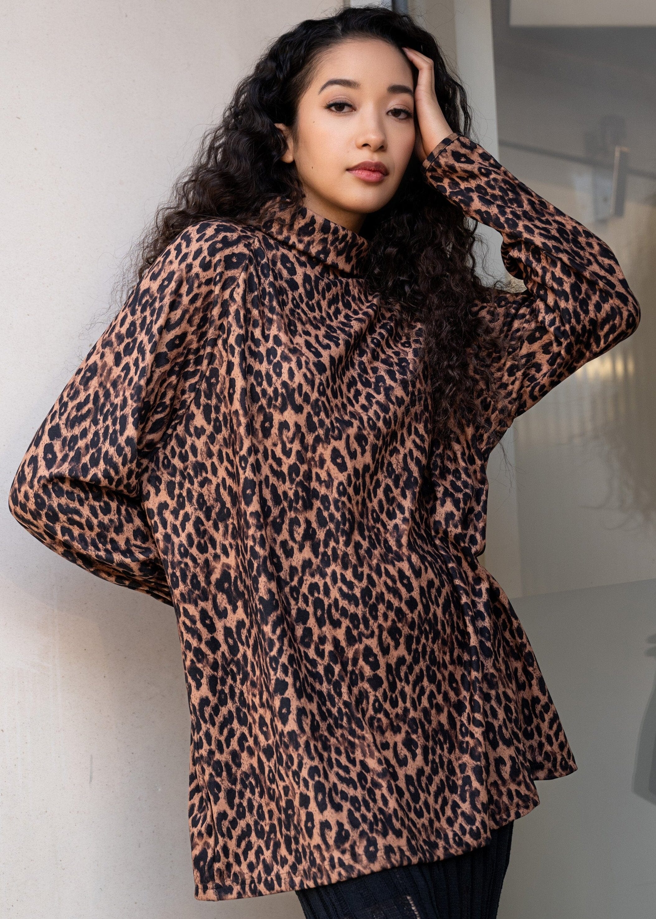 Leopard Turtleneck Tunic Long Sleeve Tees Kate Hewko Brown One size 