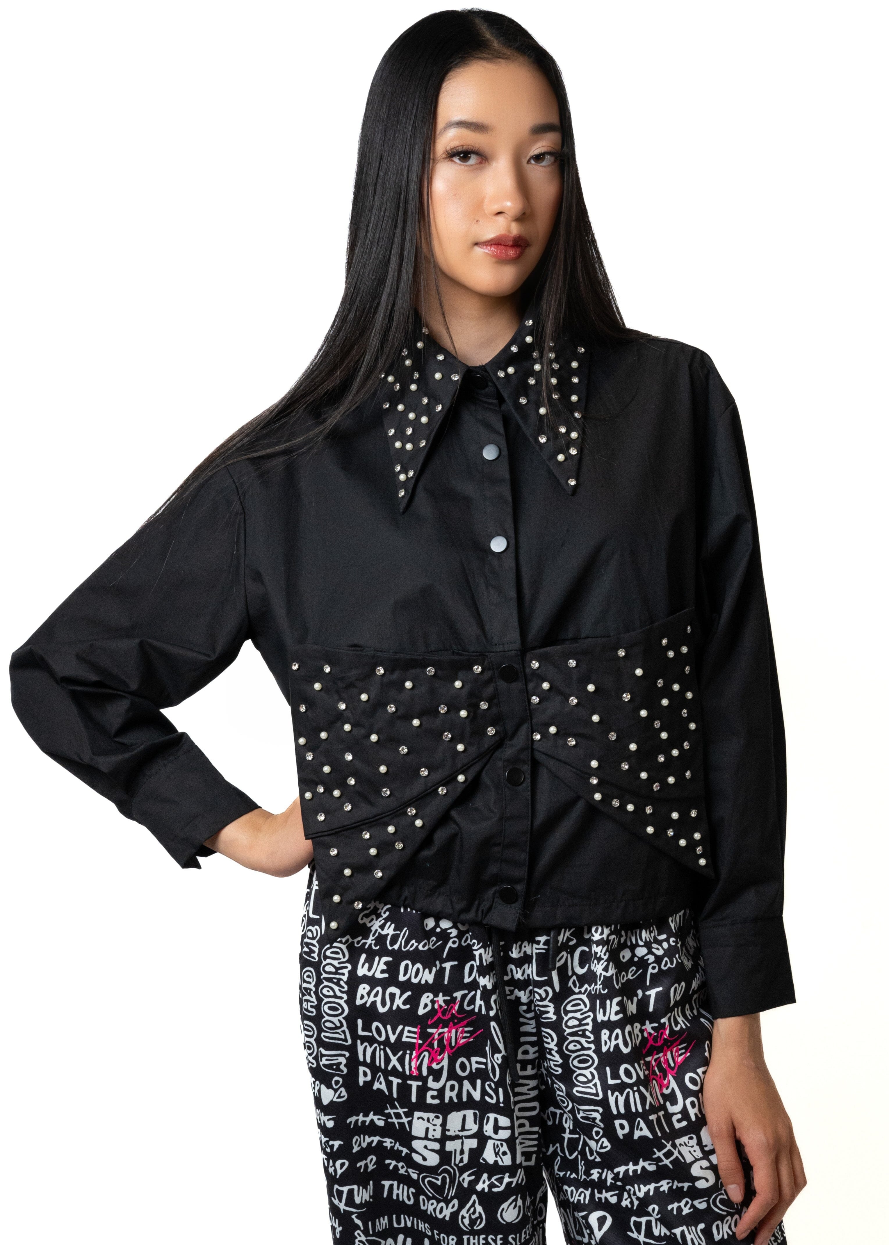 Studded Drawstring Hem Bow Blouse Blouses Kate Hewko 