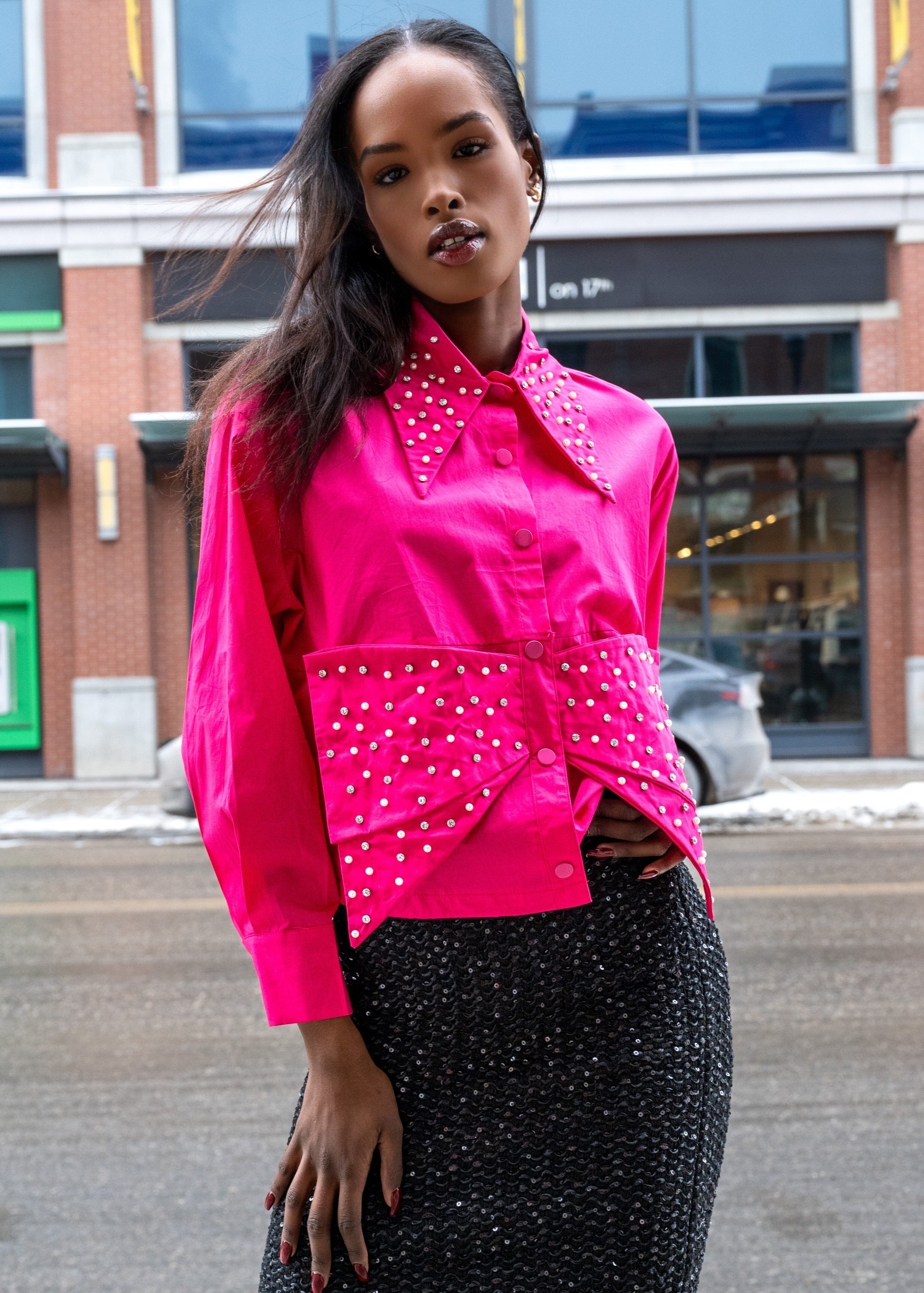 Studded Drawstring Hem Bow Blouse Blouses Kate Hewko Hot Pink One size 